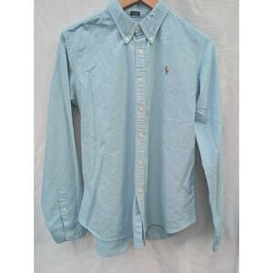 Ralph Lauren Mens Chambray Button Down Dress Shirt 14 Small Slim Fit Aqua Blue